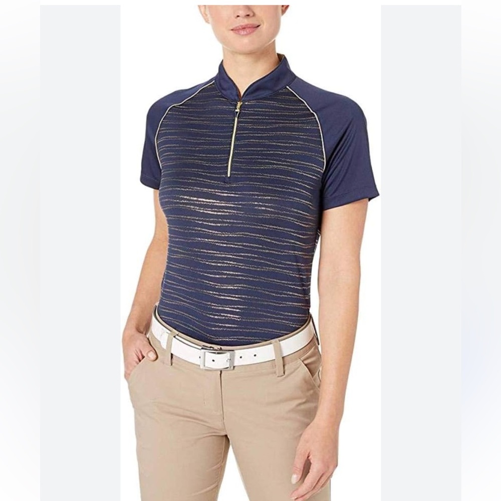 Greg Norman Collection Navy and Gold Striped Jersey